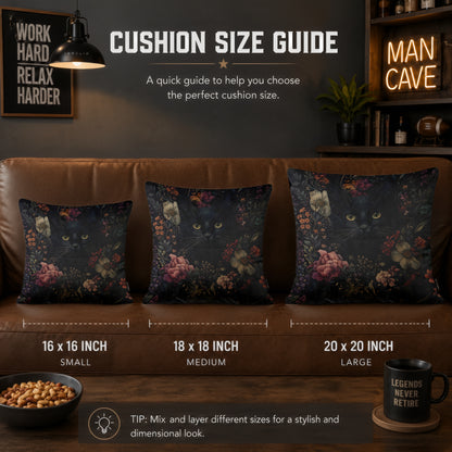 Midnight Floral Black Cat Cushion | Premium Velvet Suede | Double-Sided Print