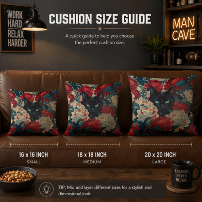 Midnight Bloom Black Cat Cushion | Premium Velvet Suede | Double-Sided Print