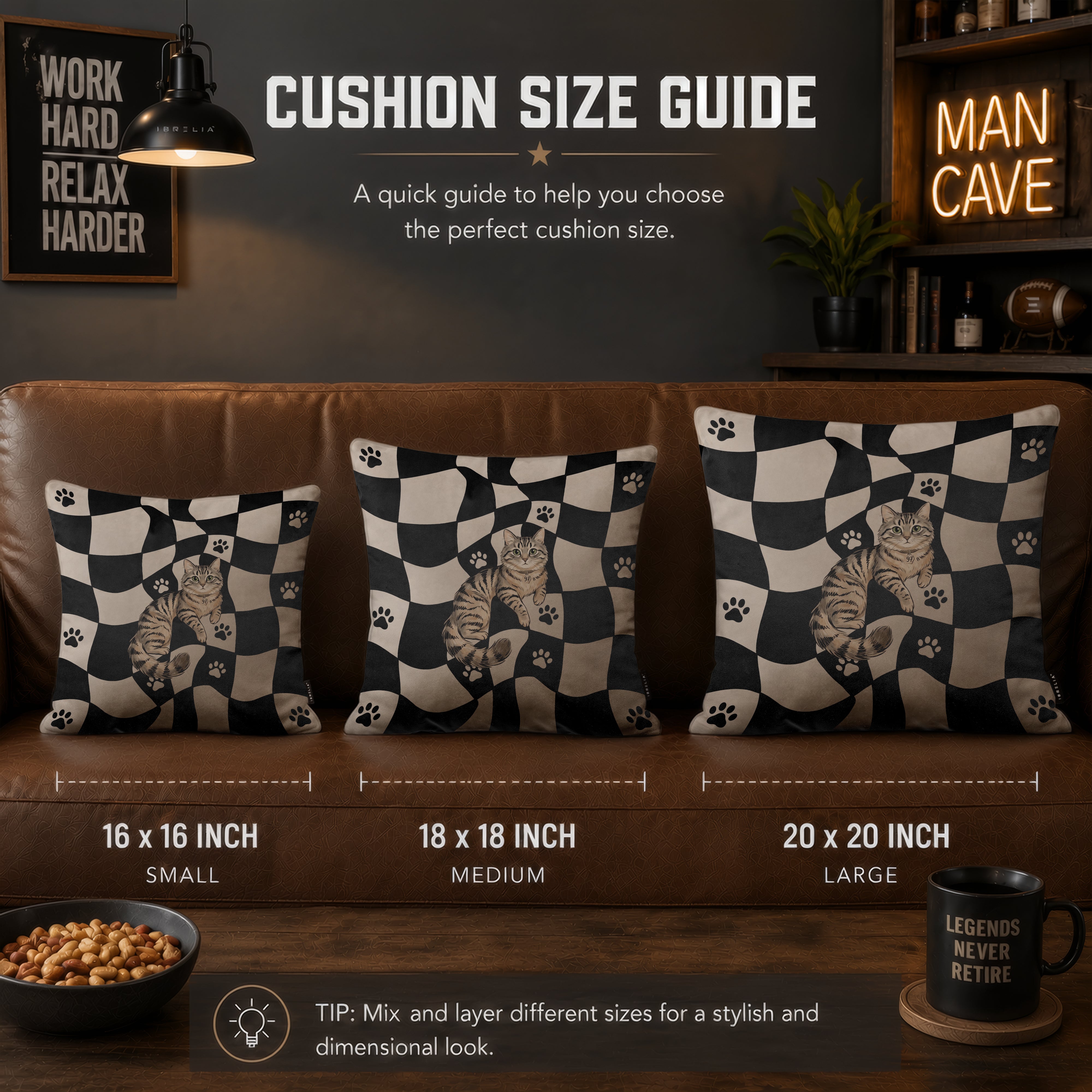 Cute Tabby Cat Checkerboard Cushion | Premium Velvet Suede | Double-Sided Print