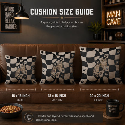 Cute Tabby Cat Checkerboard Cushion | Premium Velvet Suede | Double-Sided Print