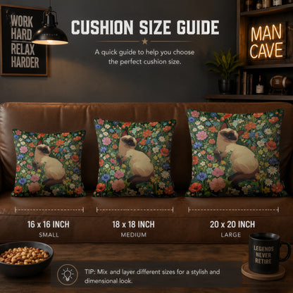 Sleeping Siamese Cat Floral Cushion | Premium Velvet Suede | Double-Sided Print