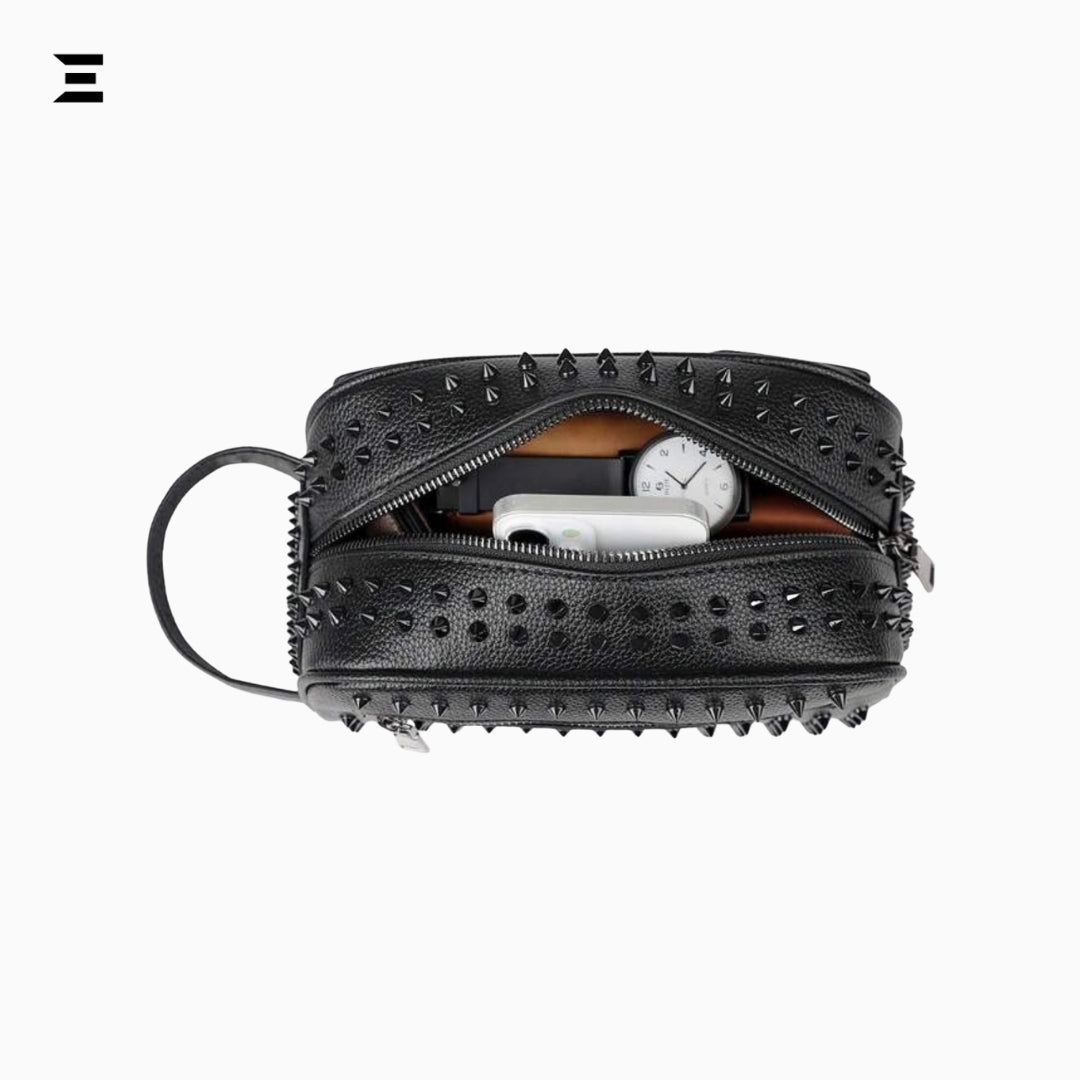 Elegant Black Rivet Leather Wrist Clutch All Black – Unisex Evening & Party Bag IBRELIA™ - IBRELIA