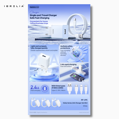 REMAX Kiddy 2.4A Fast Charger Set with Data Cable RP-U95 | IBRELIA™