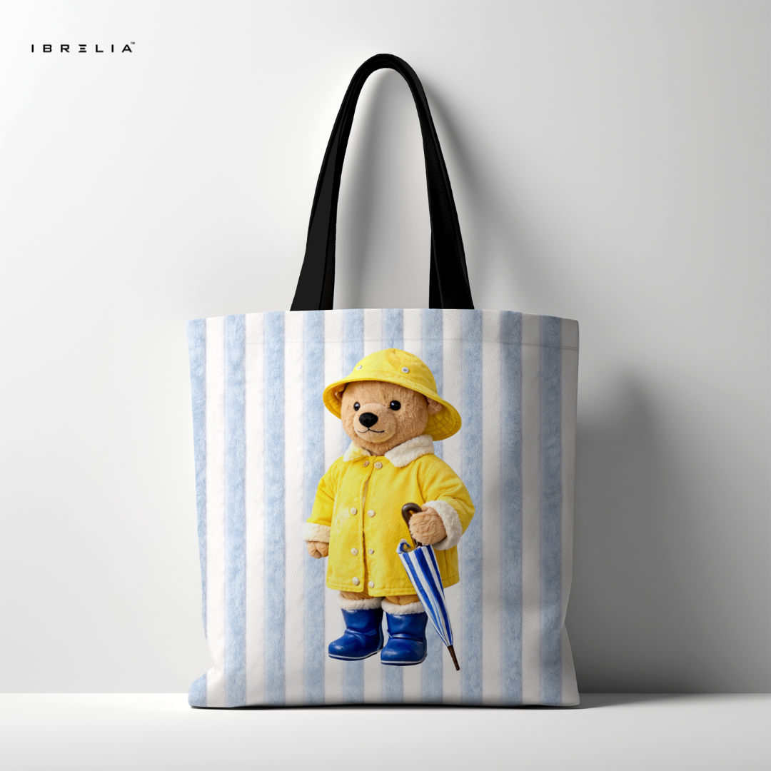 IBRELIA™ Rainy Day Teddy Tote Bag – Yellow Coat Teddy Premium Jute Tote with Velvet Handles & Inner Zip Pocket IBRELIA