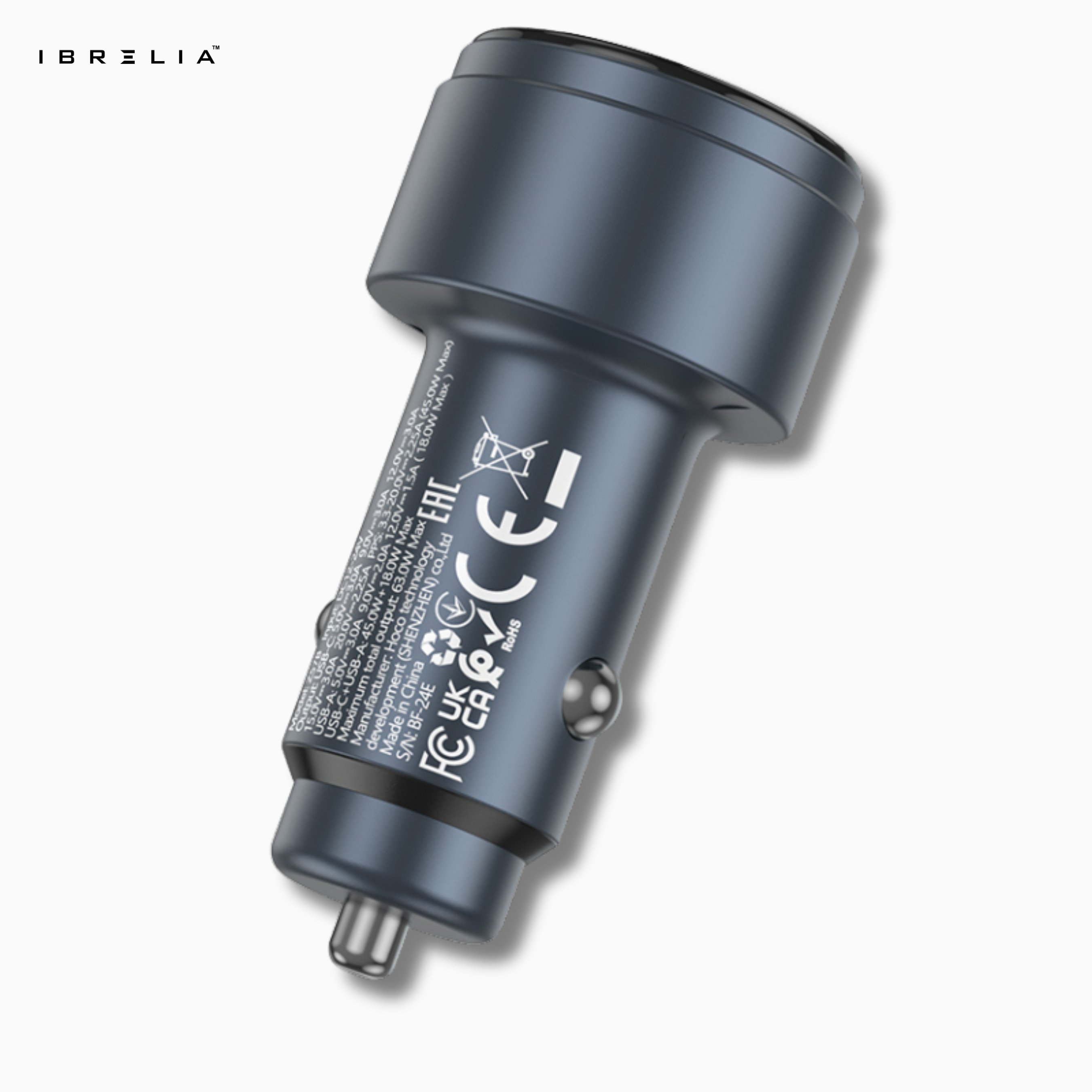 HOCO Z57B Glorious 63W Dual-Port Digital Display Car Charger (Metal Gray) – PD45W + QC3.0 | IBRELIA™