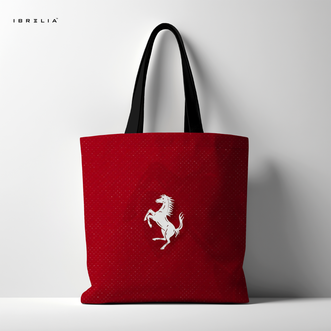 IBRELIA™ Racing Red Tote Bag – Luxury Motorsport Inspired Premium Jute Tote with Velvet Handles & Inner Zip Pocket IBRELIA