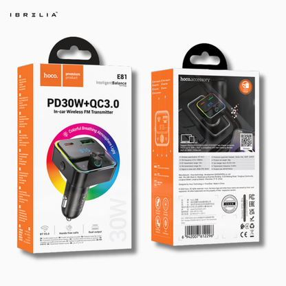 HOCO E81 PD30W + QC3.0 In-Car Wireless FM Transmitter – Bluetooth 5.0 Fast Charging Car Adapter | IBRELIA™