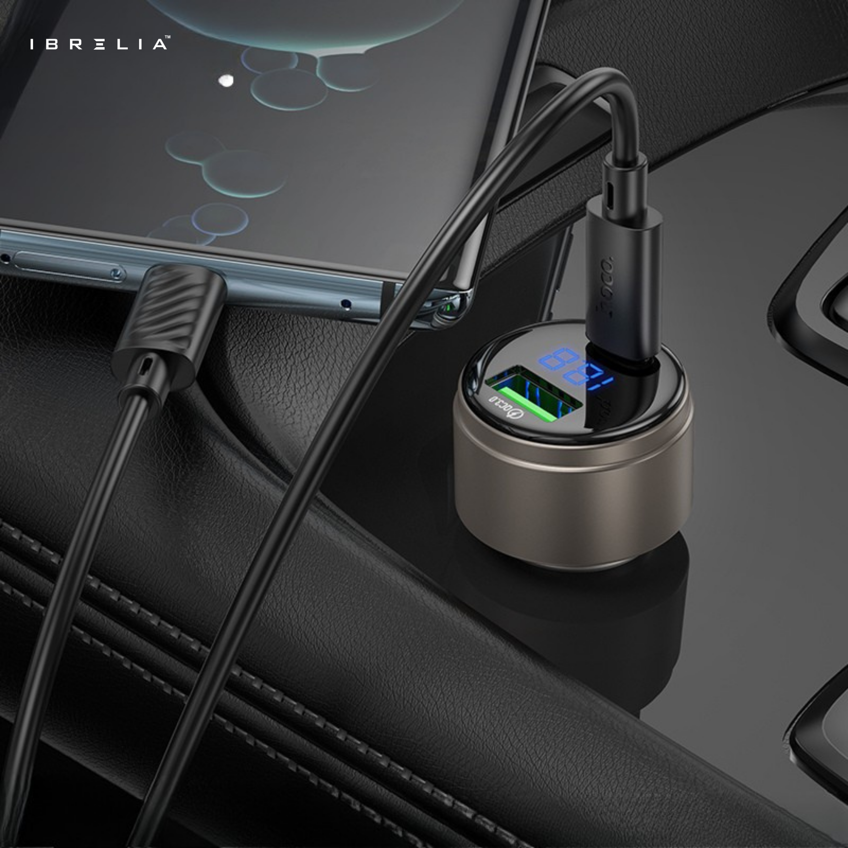 HOCO Z57B Glorious 63W Dual-Port Digital Display Car Charger (Metal Gray) – PD45W + QC3.0 | IBRELIA™