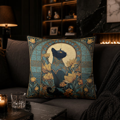 Art Nouveau Black Cat Cushion | Premium Velvet Suede | Double-Sided Print