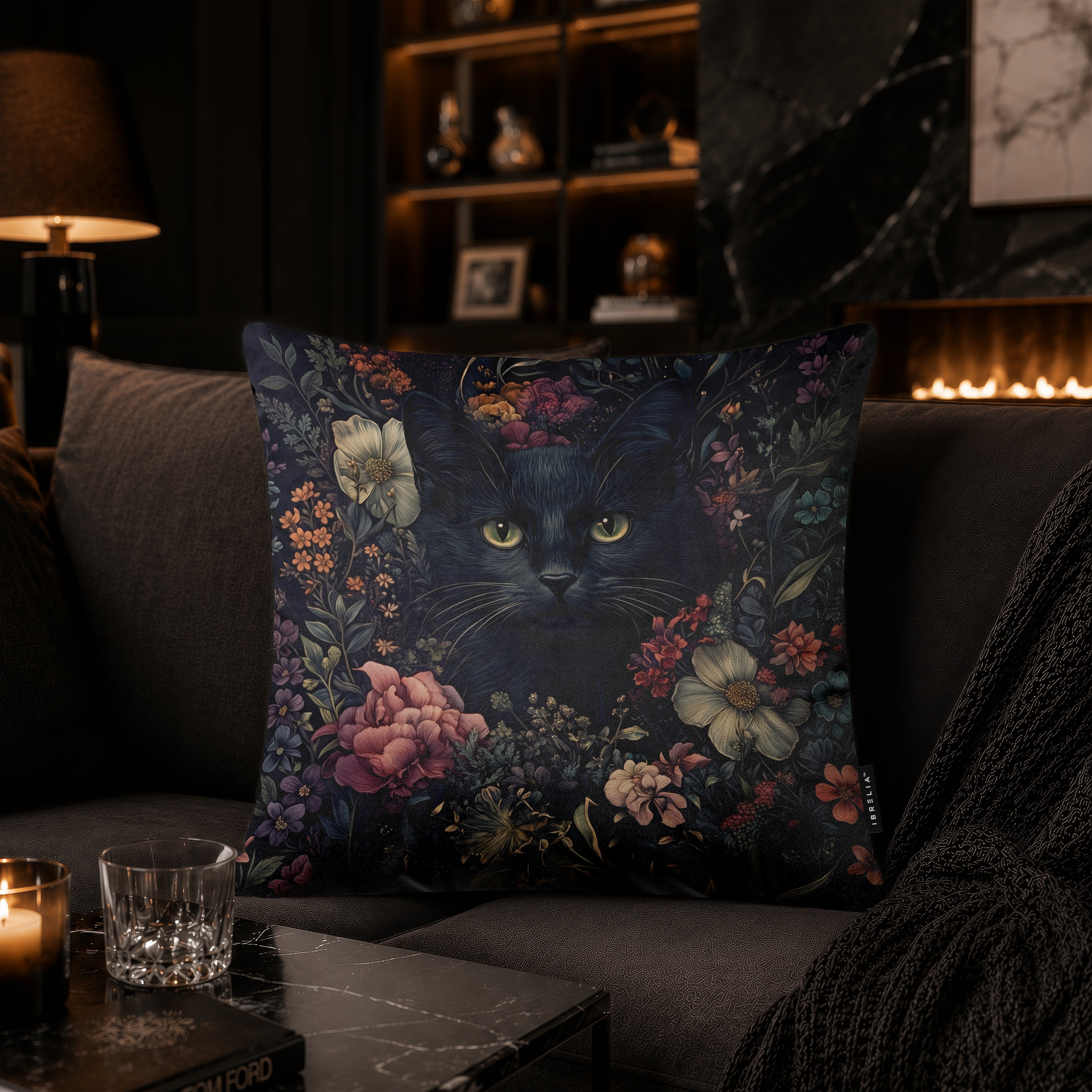 Midnight Floral Black Cat Cushion | Premium Velvet Suede | Double-Sided Print