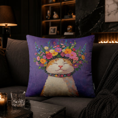 Whimsical Floral Cat Cushion | Premium Velvet Suede | Double-Sided Print
