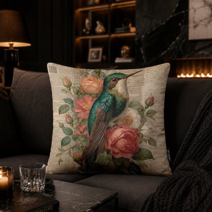 Vintage Hummingbird & Roses Cushion | Premium Velvet Suede | Double-Sided Print