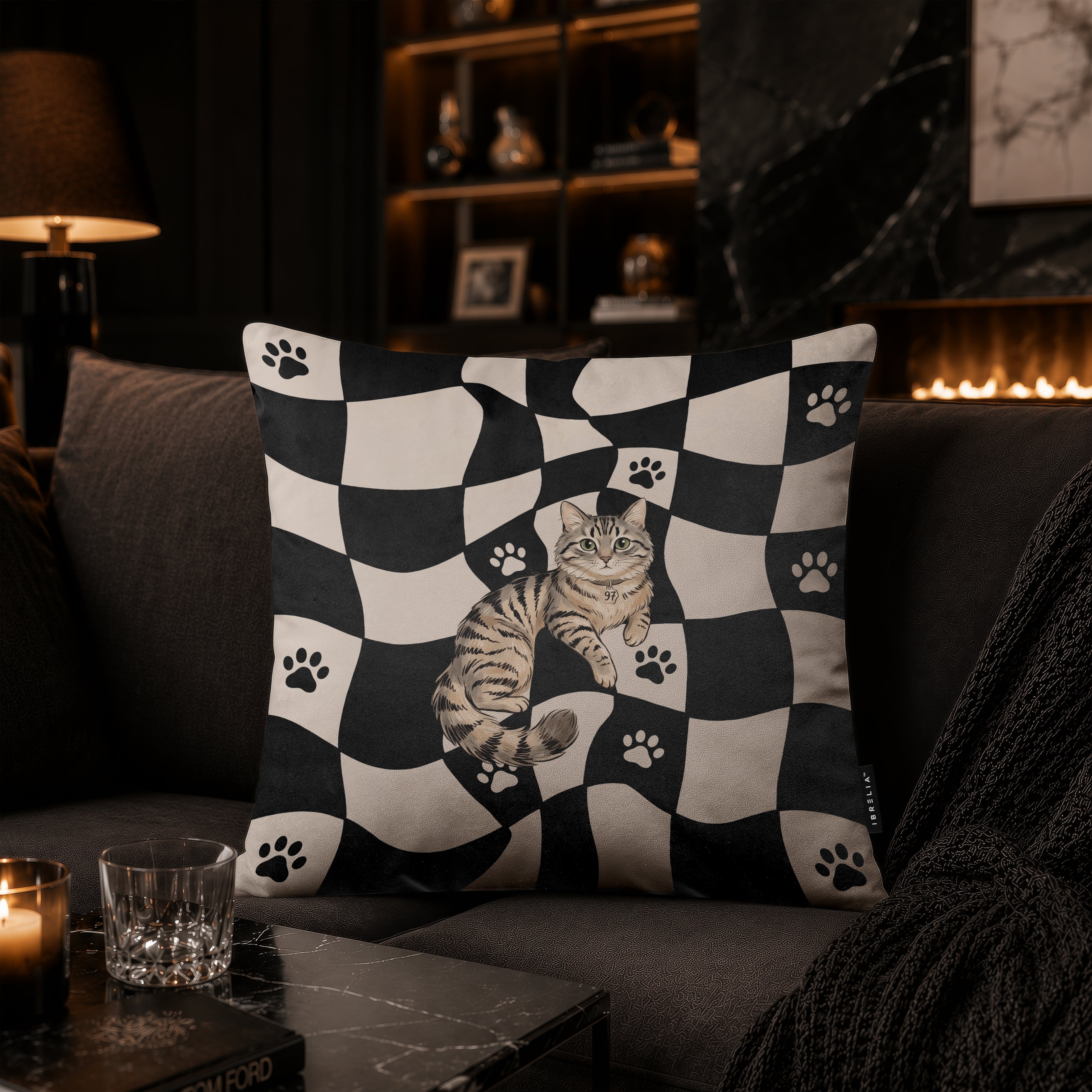 Cute Tabby Cat Checkerboard Cushion | Premium Velvet Suede | Double-Sided Print