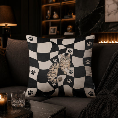 Cute Tabby Cat Checkerboard Cushion | Premium Velvet Suede | Double-Sided Print