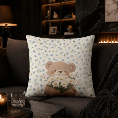 Cute Teddy Bear with Daisies Cushion | Premium Velvet Suede | Double-Sided Print