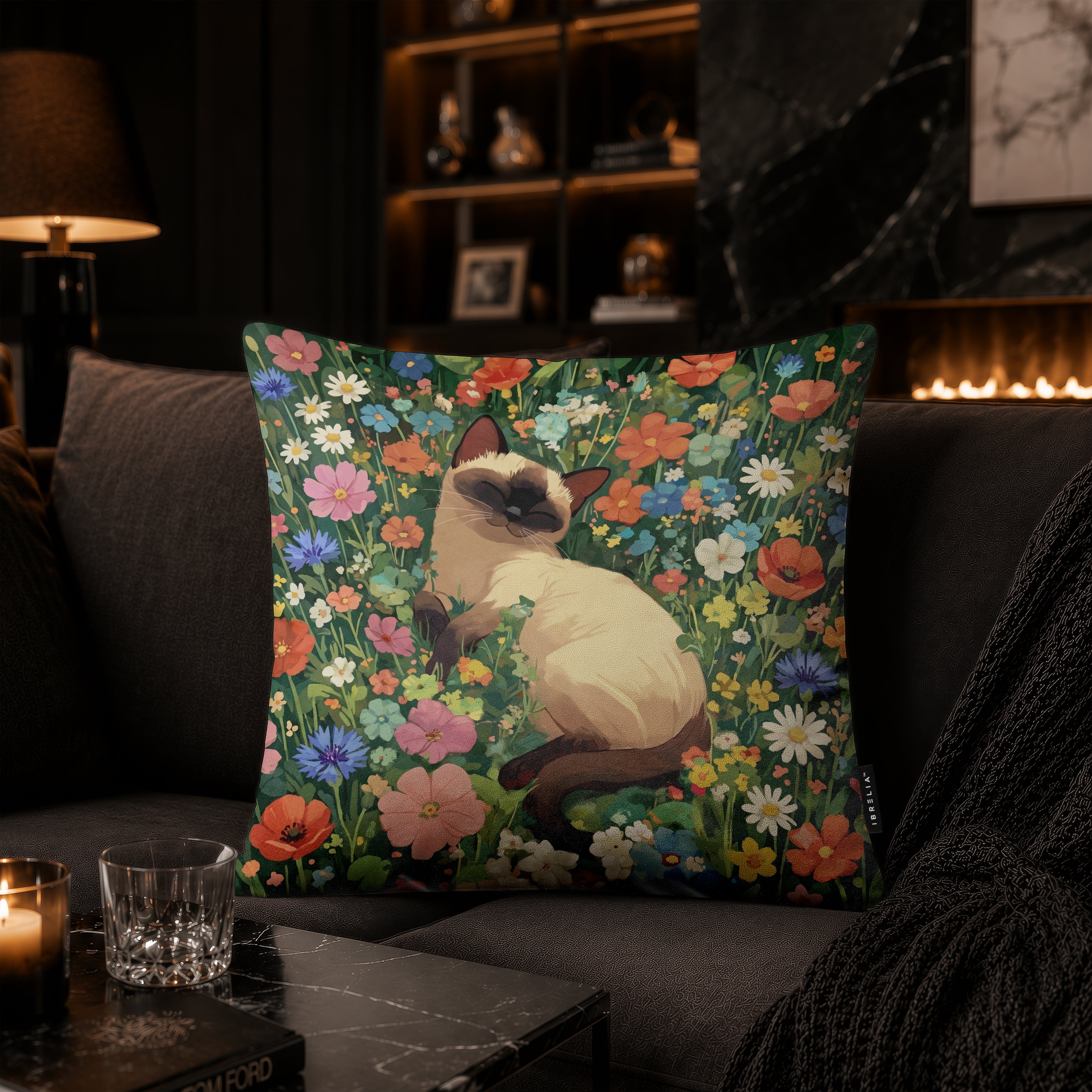 Sleeping Siamese Cat Floral Cushion | Premium Velvet Suede | Double-Sided Print