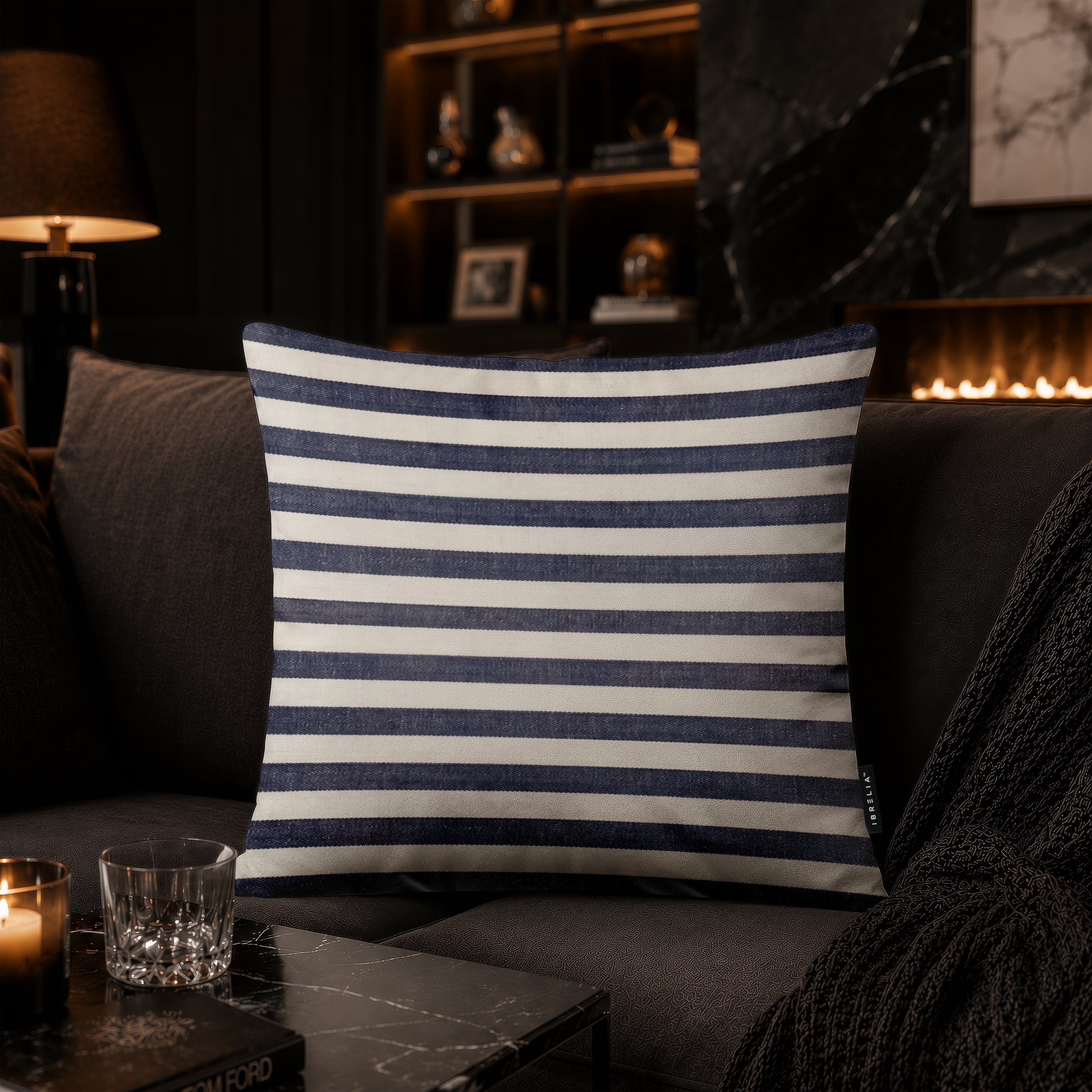 Classic Navy Striped Cushion | Premium Velvet Suede | Double-Sided Print