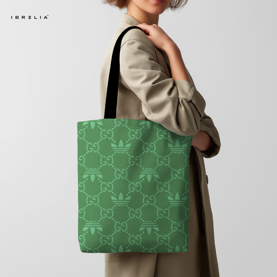 IBRELIA™ Emerald Monogram Tote Bag – Luxury Inspired Pattern Premium Jute Tote with Velvet Handles & Inner Zip IBRELIA