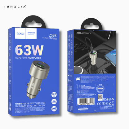 HOCO Z57B Glorious 63W Dual-Port Digital Display Car Charger (Metal Gray) – PD45W + QC3.0 | IBRELIA™