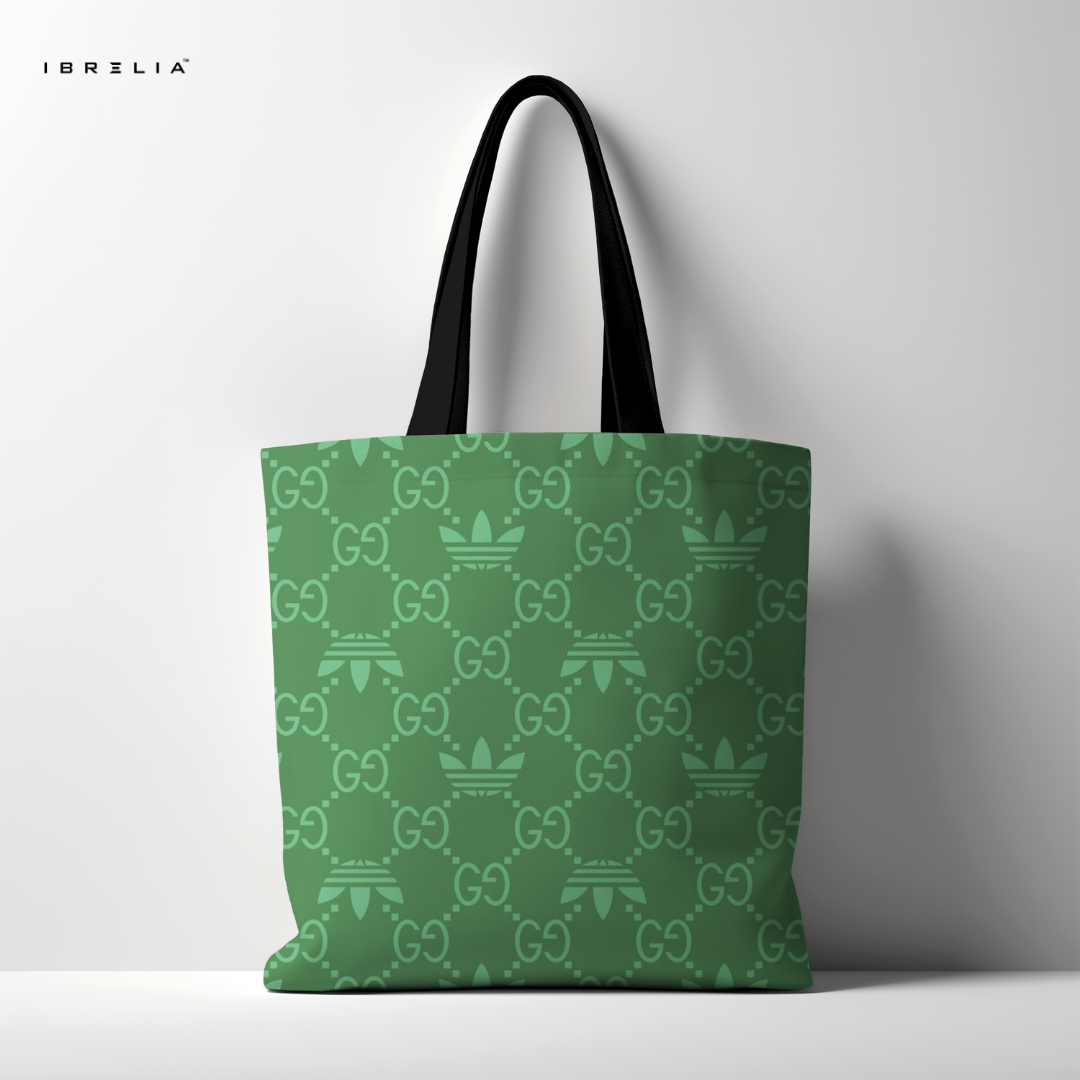 IBRELIA™ Emerald Monogram Tote Bag – Luxury Inspired Pattern Premium Jute Tote with Velvet Handles & Inner Zip IBRELIA