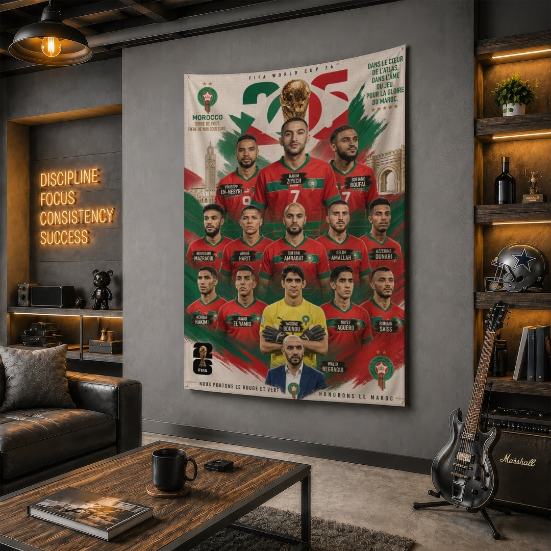 Morocco National Team – FIFA World Cup 2026 Squad – Premium Jute Fabric Tapestry – IBRELIA™