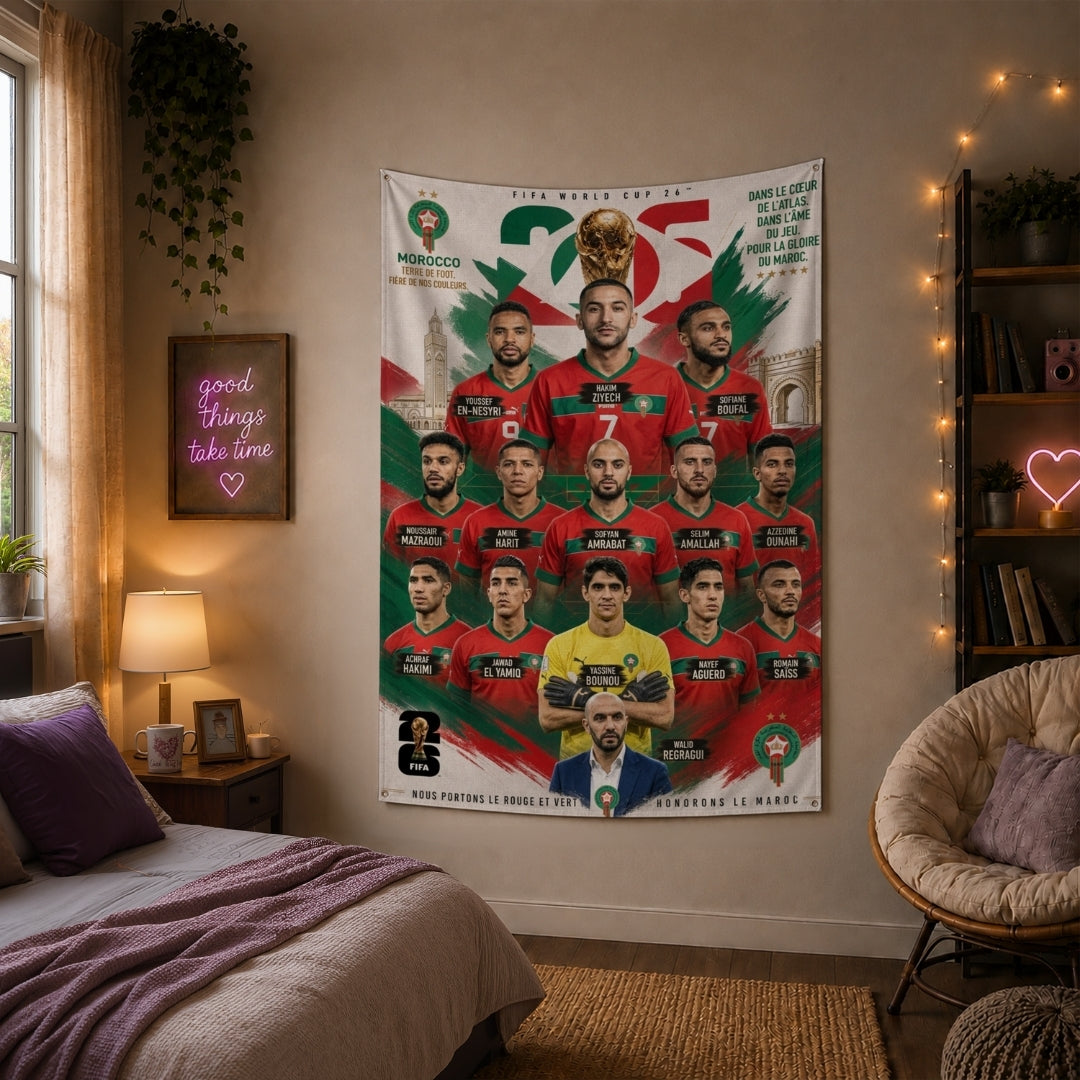 Morocco National Team – FIFA World Cup 2026 Squad – Premium Jute Fabric Tapestry – IBRELIA™