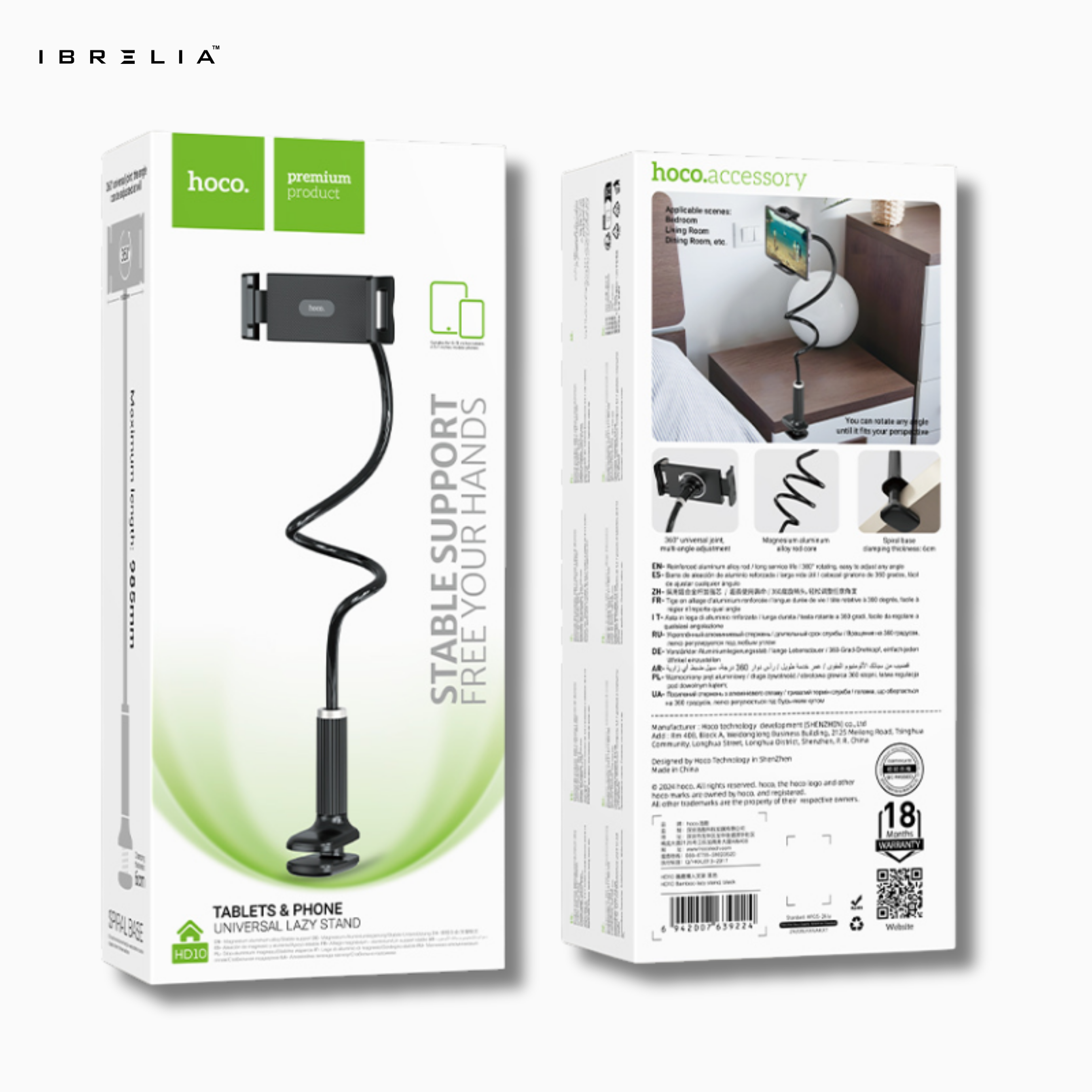 HOCO HD10 Universal Lazy Stand – Flexible Long Arm Holder for Phone & Tablet (Black / White) | IBRELIA™