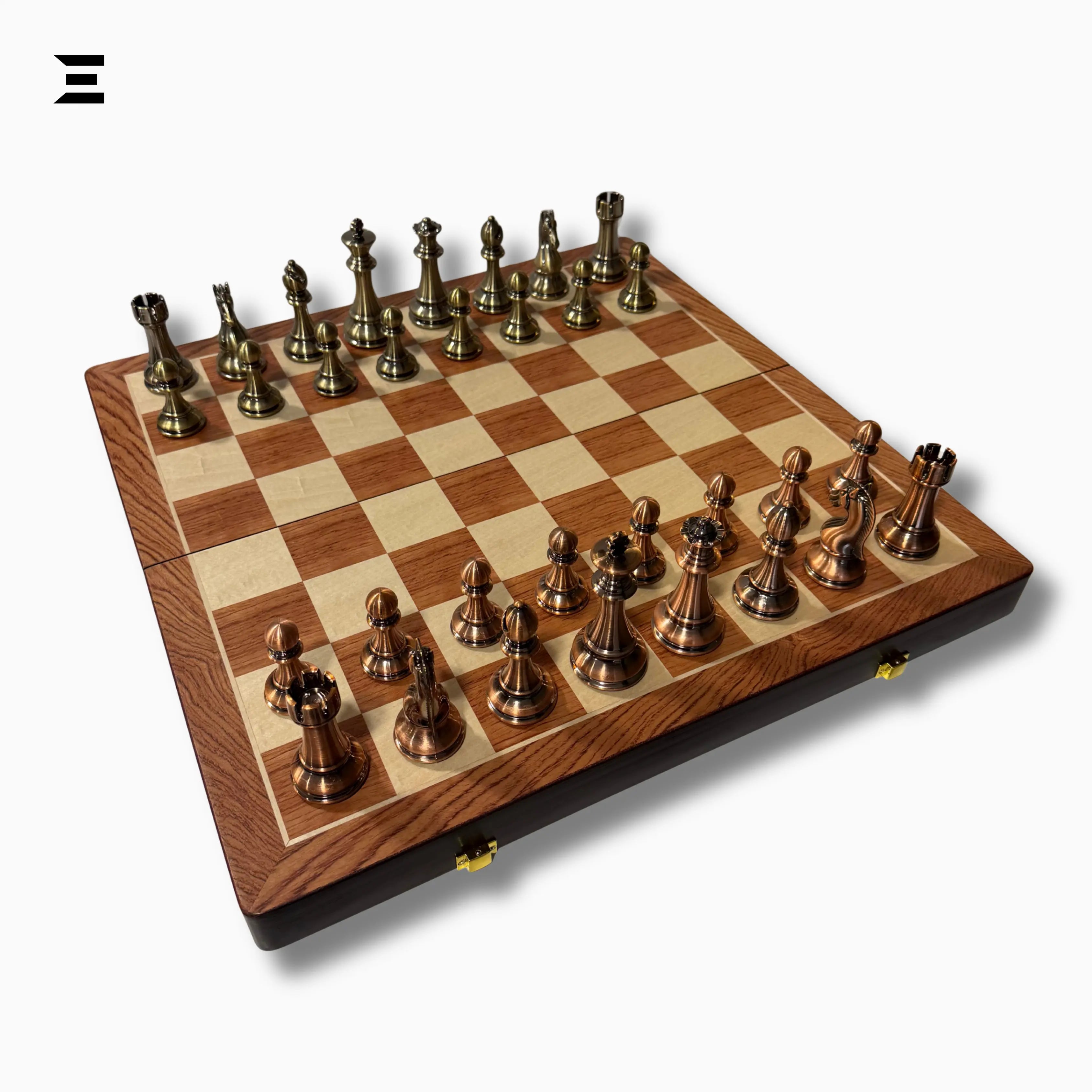 Luxury Metal Chess Set with Wooden Board – 52×52cm Premium Bronze & Silver Pieces IBRELIA