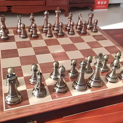 Luxury Metal Chess Set with Wooden Board – 52×52cm Premium Bronze & Silver Pieces IBRELIA