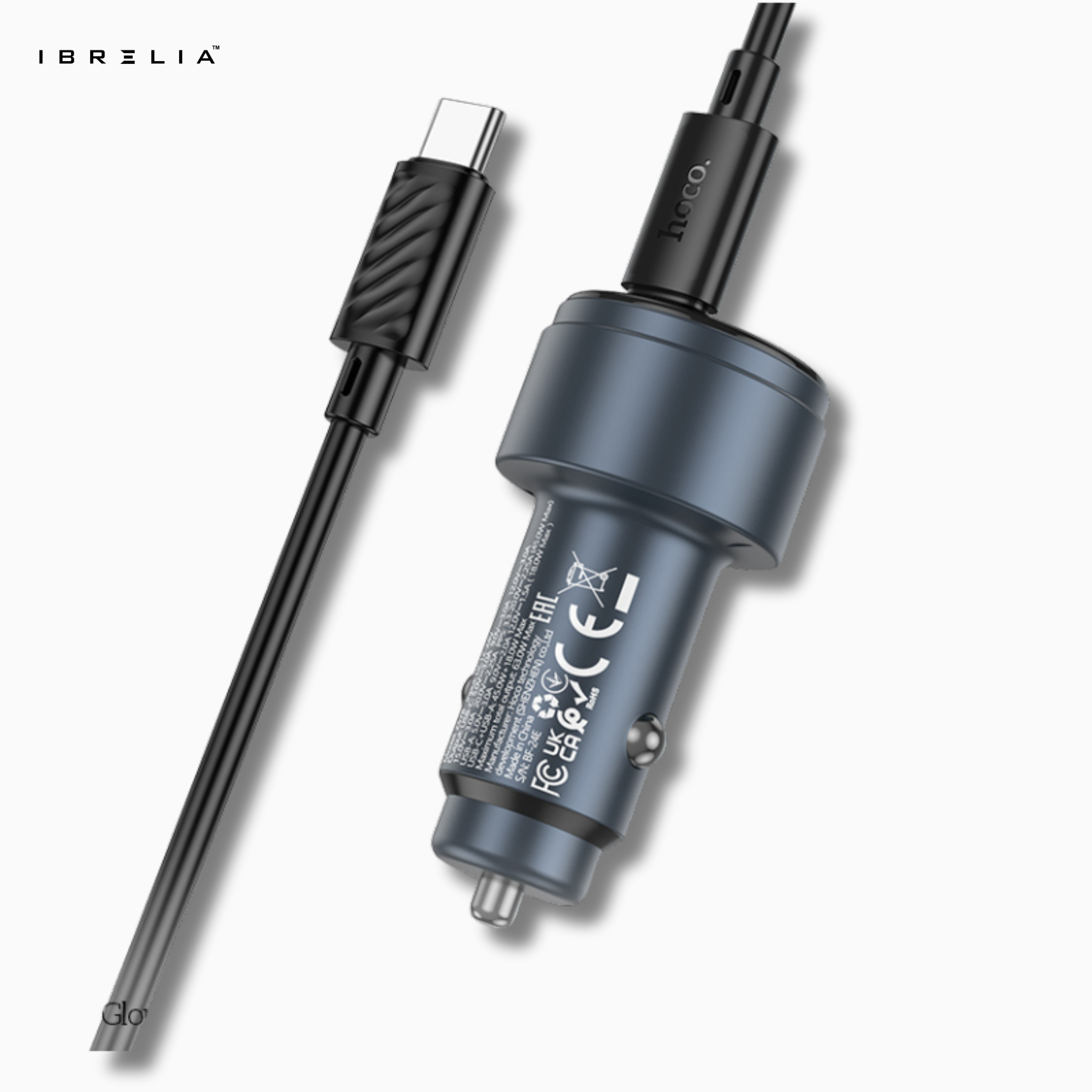 HOCO Z57B Glorious 63W Dual-Port Digital Display Car Charger Set (C to C) – PD45W + QC3.0 | IBRELIA™