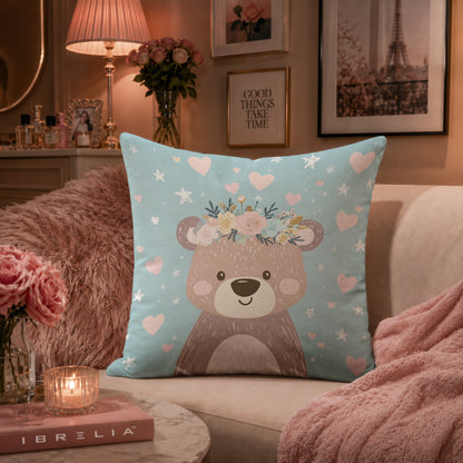 Cute Floral Teddy Bear Cushion | Premium Velvet Suede | Double-Sided Print
