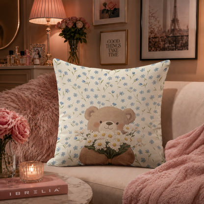 Cute Teddy Bear with Daisies Cushion | Premium Velvet Suede | Double-Sided Print