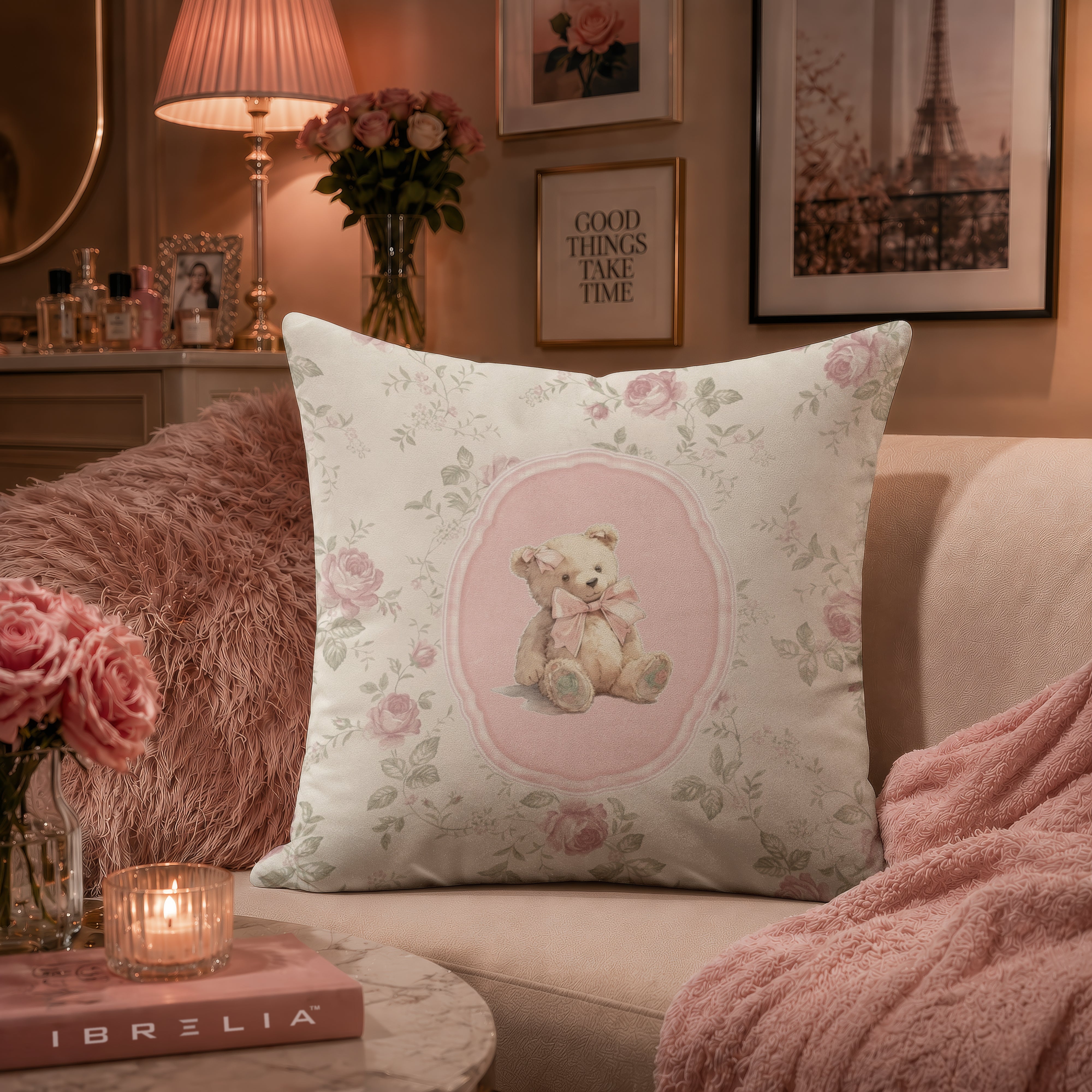 Vintage Floral Teddy Bear Cushion | Premium Velvet Suede | Double-Sided Print
