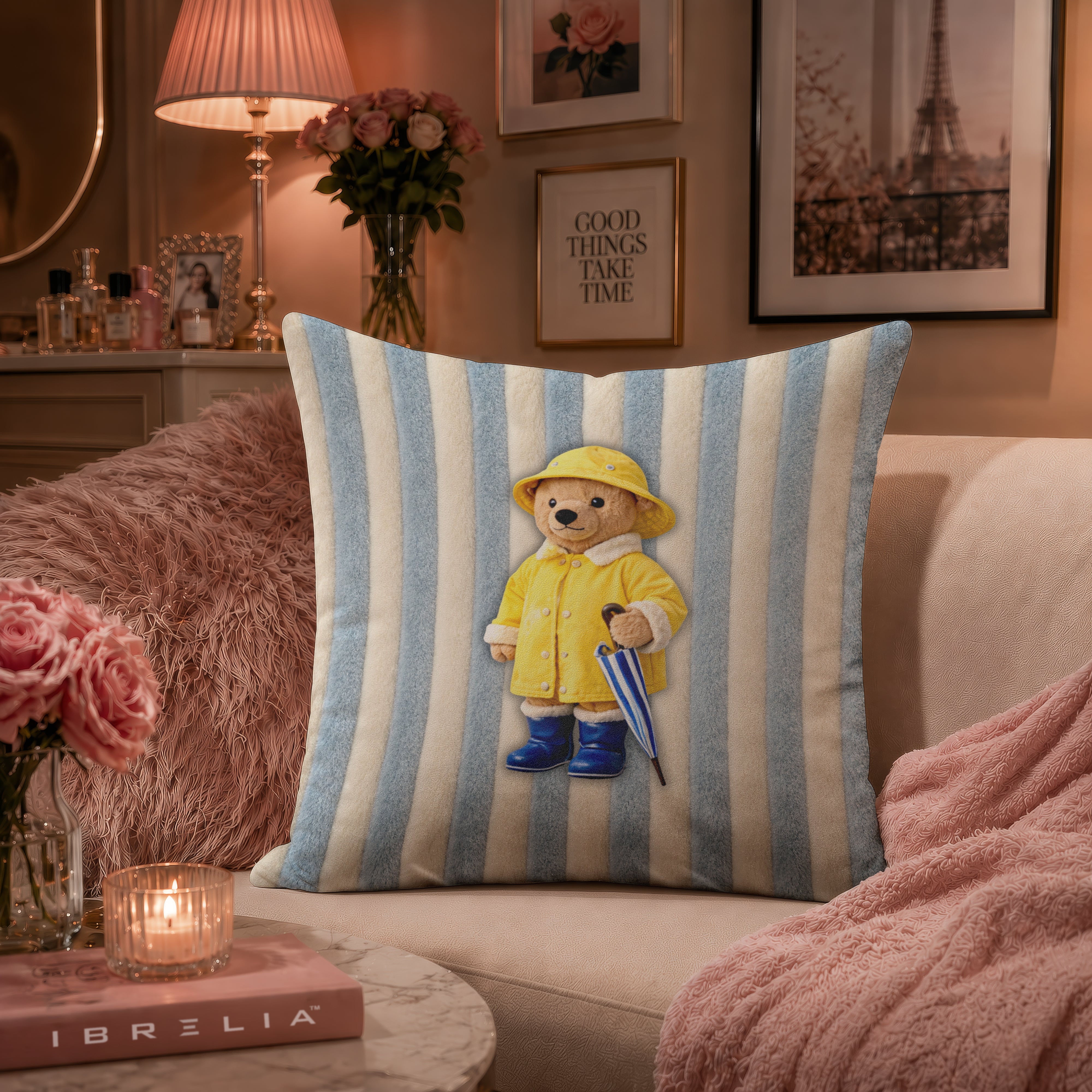 Little Rain Bear Cushion | Premium Velvet Suede | Double-Sided Print