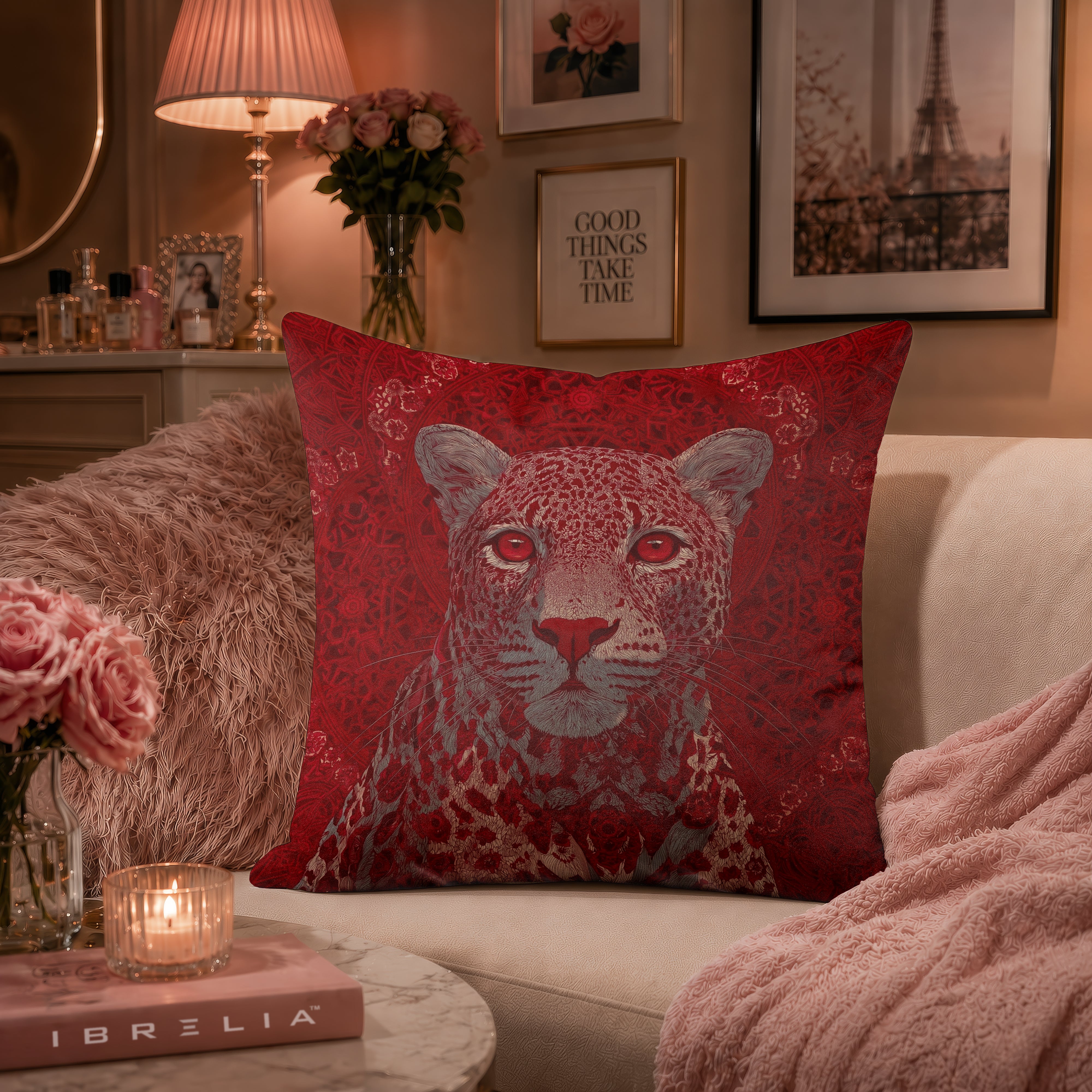 Crimson Leopard Cushion | Premium Velvet Suede | Double-Sided Print
