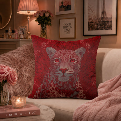 Crimson Leopard Cushion | Premium Velvet Suede | Double-Sided Print