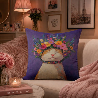 Whimsical Floral Cat Cushion | Premium Velvet Suede | Double-Sided Print