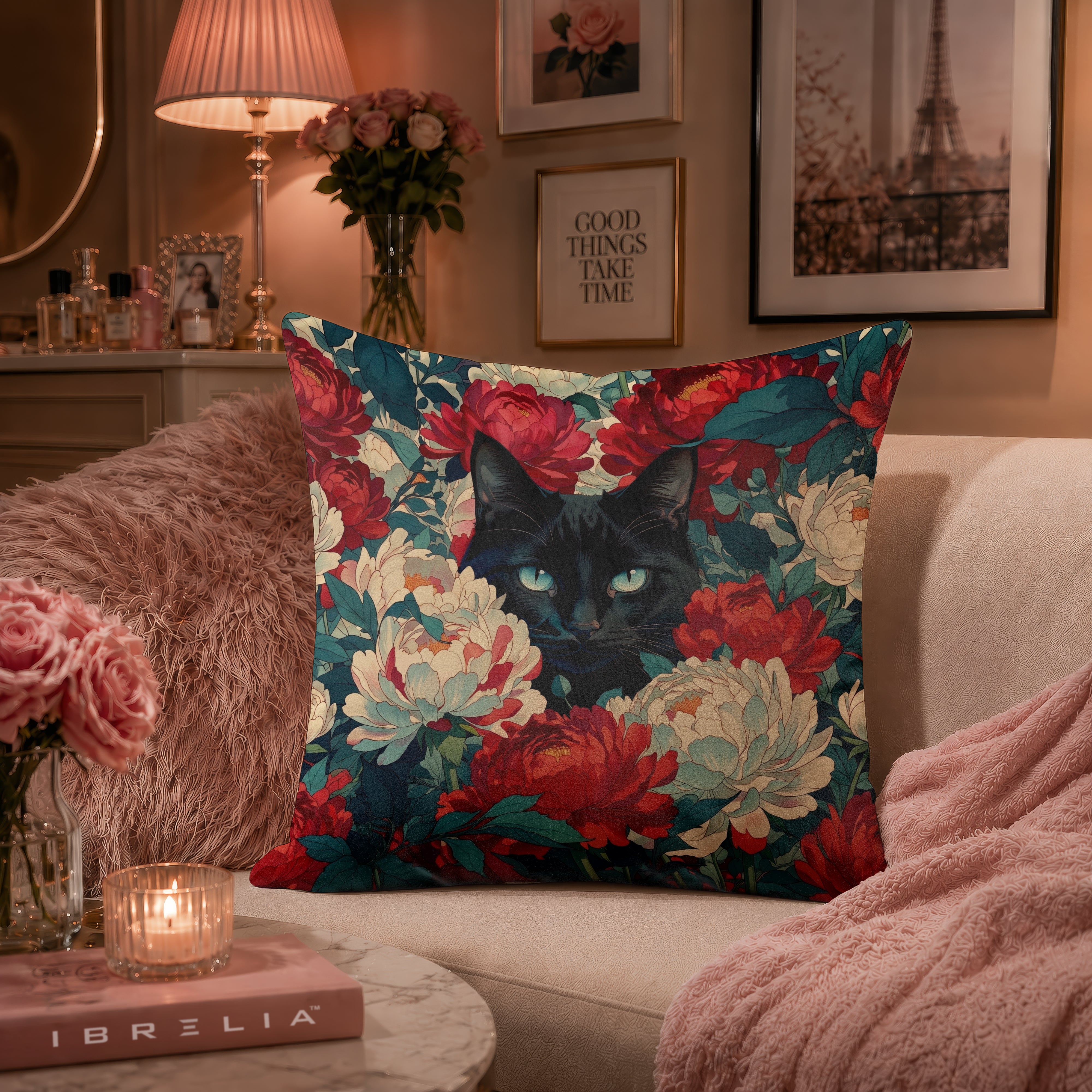 Midnight Bloom Black Cat Cushion | Premium Velvet Suede | Double-Sided Print