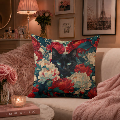 Midnight Bloom Black Cat Cushion | Premium Velvet Suede | Double-Sided Print