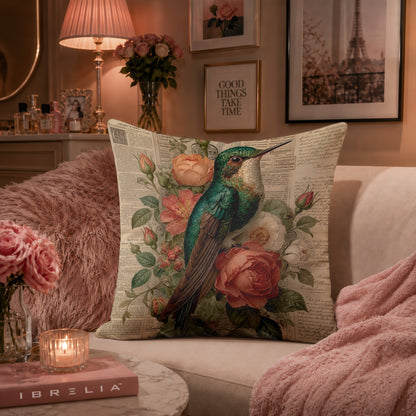 Vintage Hummingbird & Roses Cushion | Premium Velvet Suede | Double-Sided Print