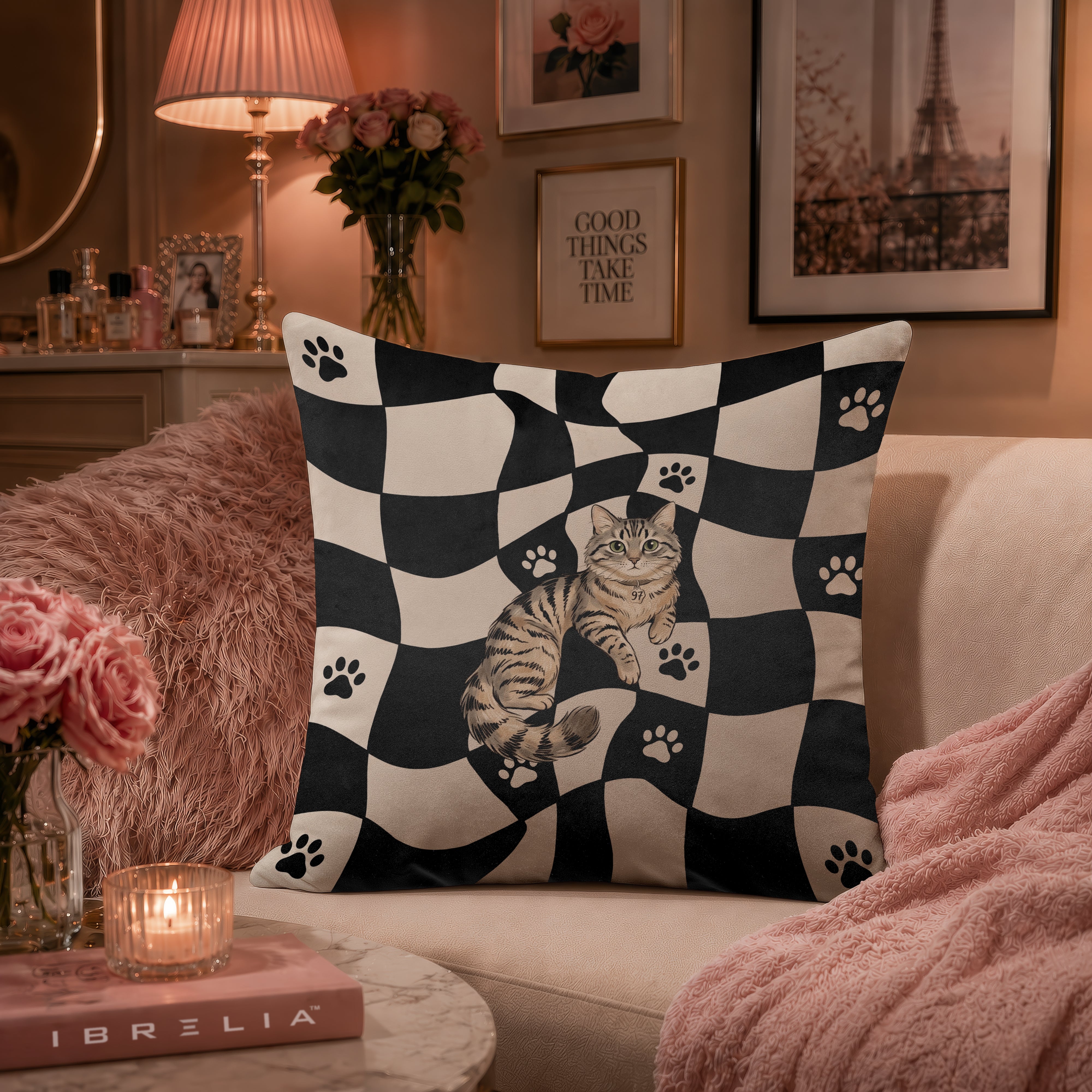 Cute Tabby Cat Checkerboard Cushion | Premium Velvet Suede | Double-Sided Print