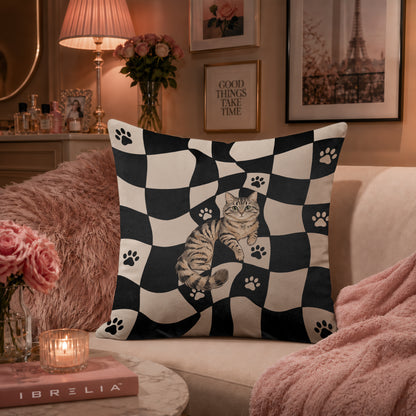 Cute Tabby Cat Checkerboard Cushion | Premium Velvet Suede | Double-Sided Print