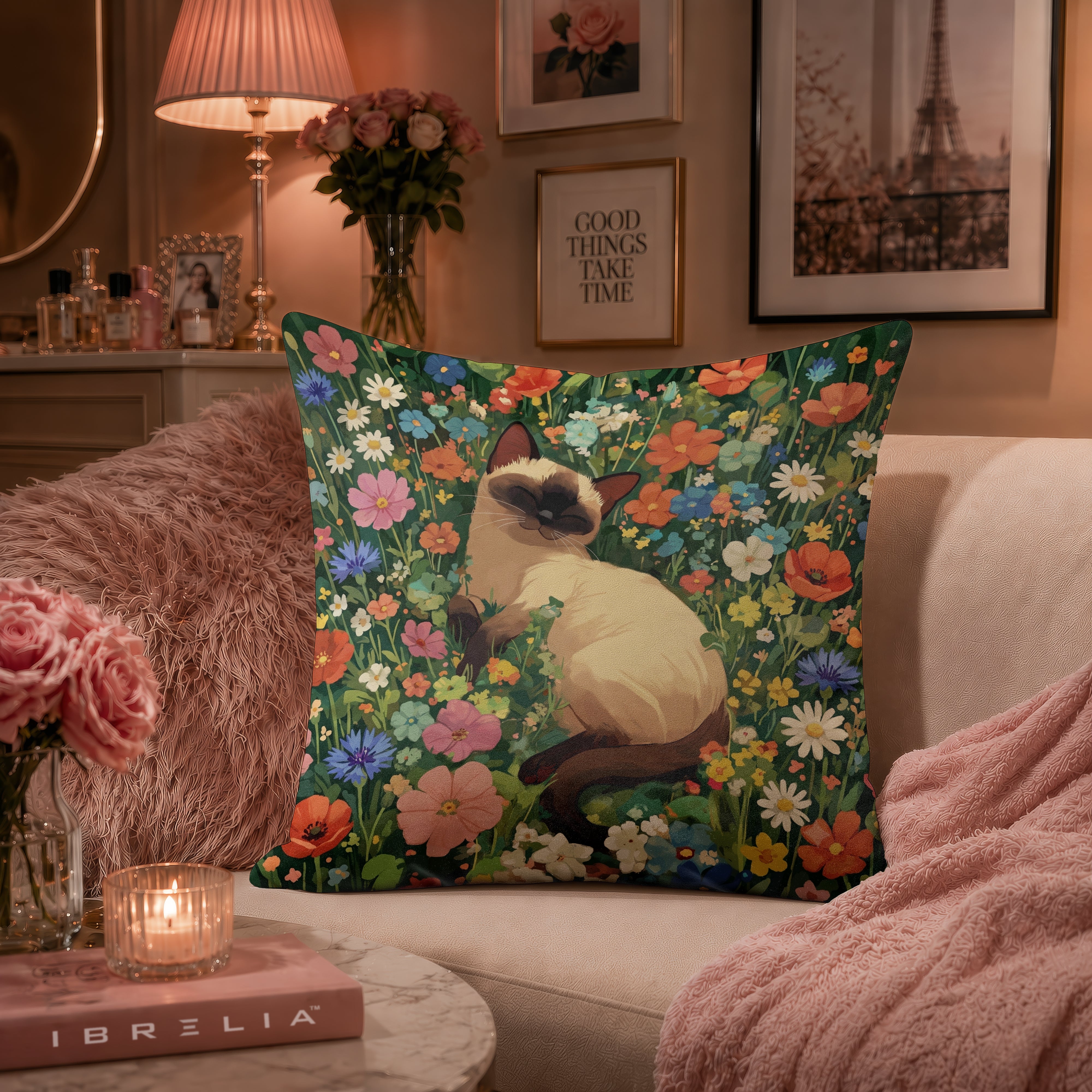 Sleeping Siamese Cat Floral Cushion | Premium Velvet Suede | Double-Sided Print