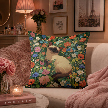 Sleeping Siamese Cat Floral Cushion | Premium Velvet Suede | Double-Sided Print