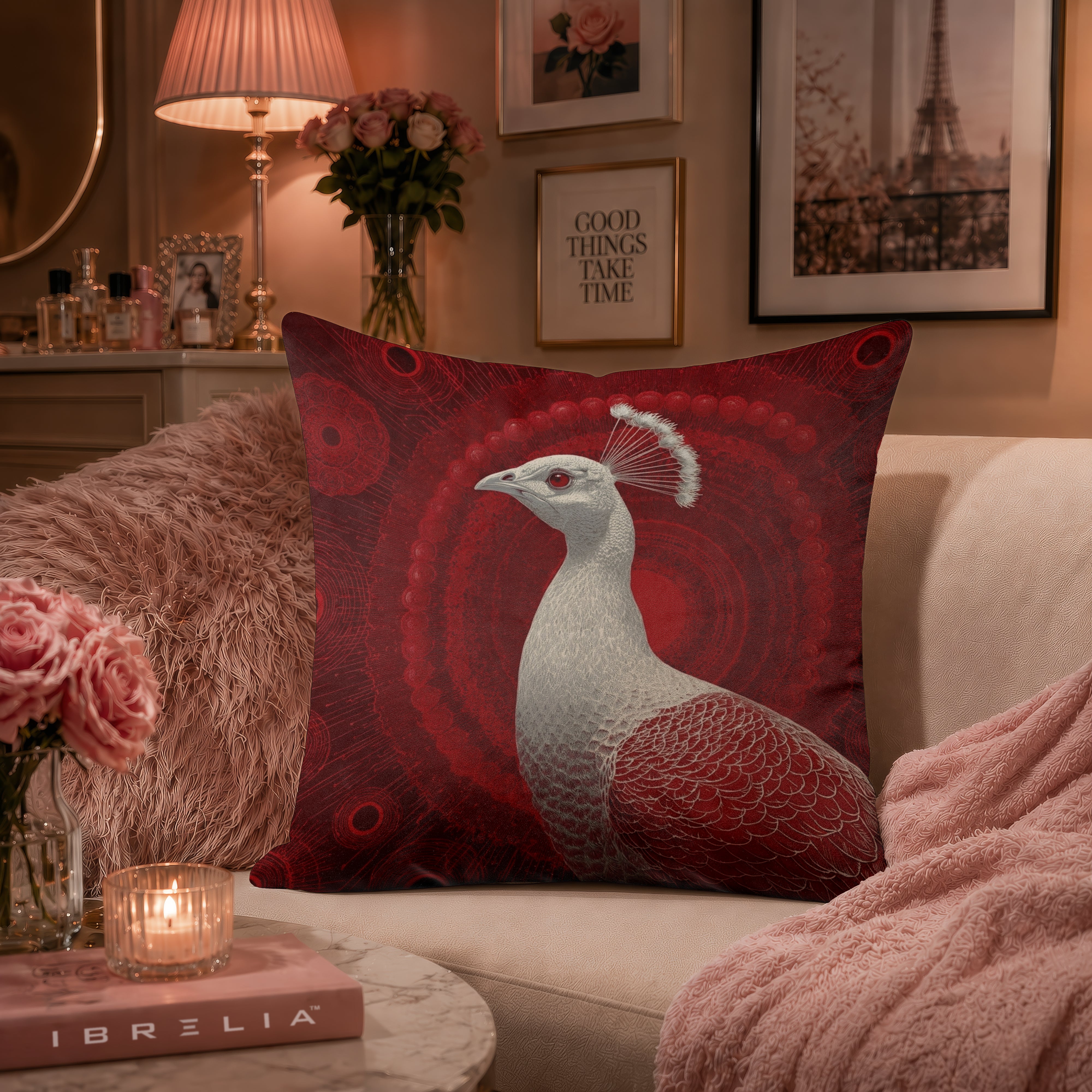 Elegant White Peacock Cushion | Premium Velvet Suede | Double-Sided Print