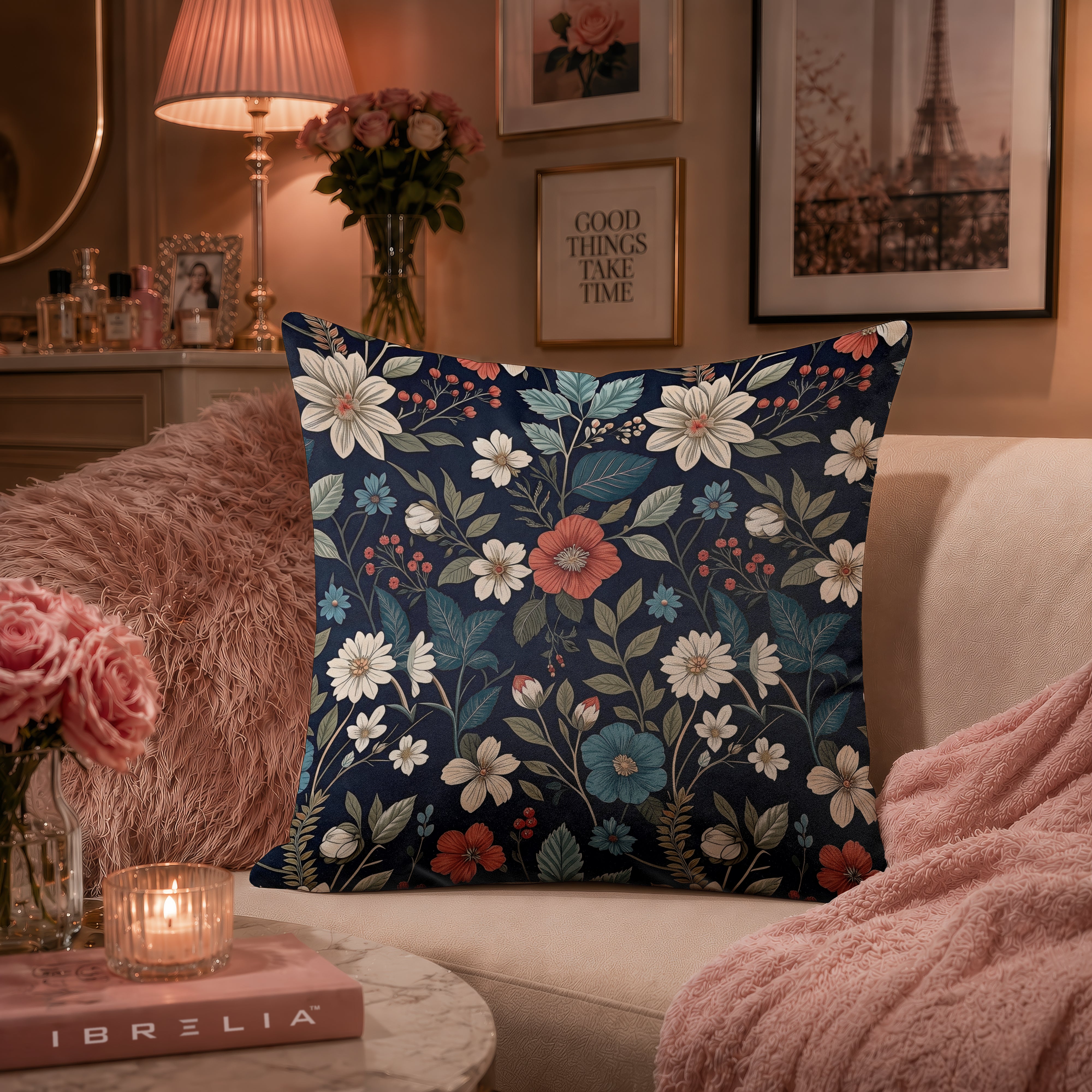 Midnight Botanical Floral Cushion | Premium Velvet Suede | Double-Sided Print