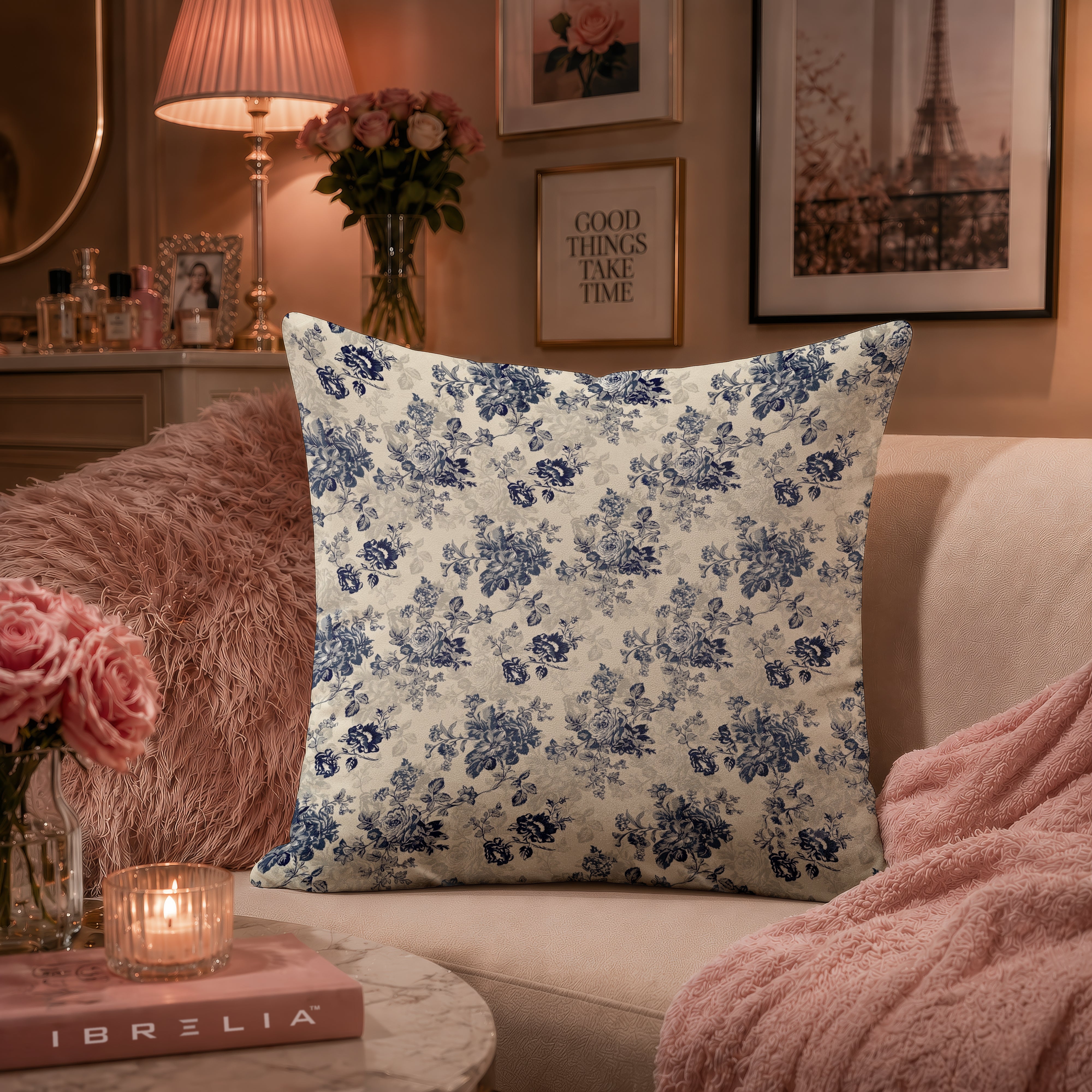 Blue Toile Floral Cushion | Premium Velvet Suede | Double-Sided Print