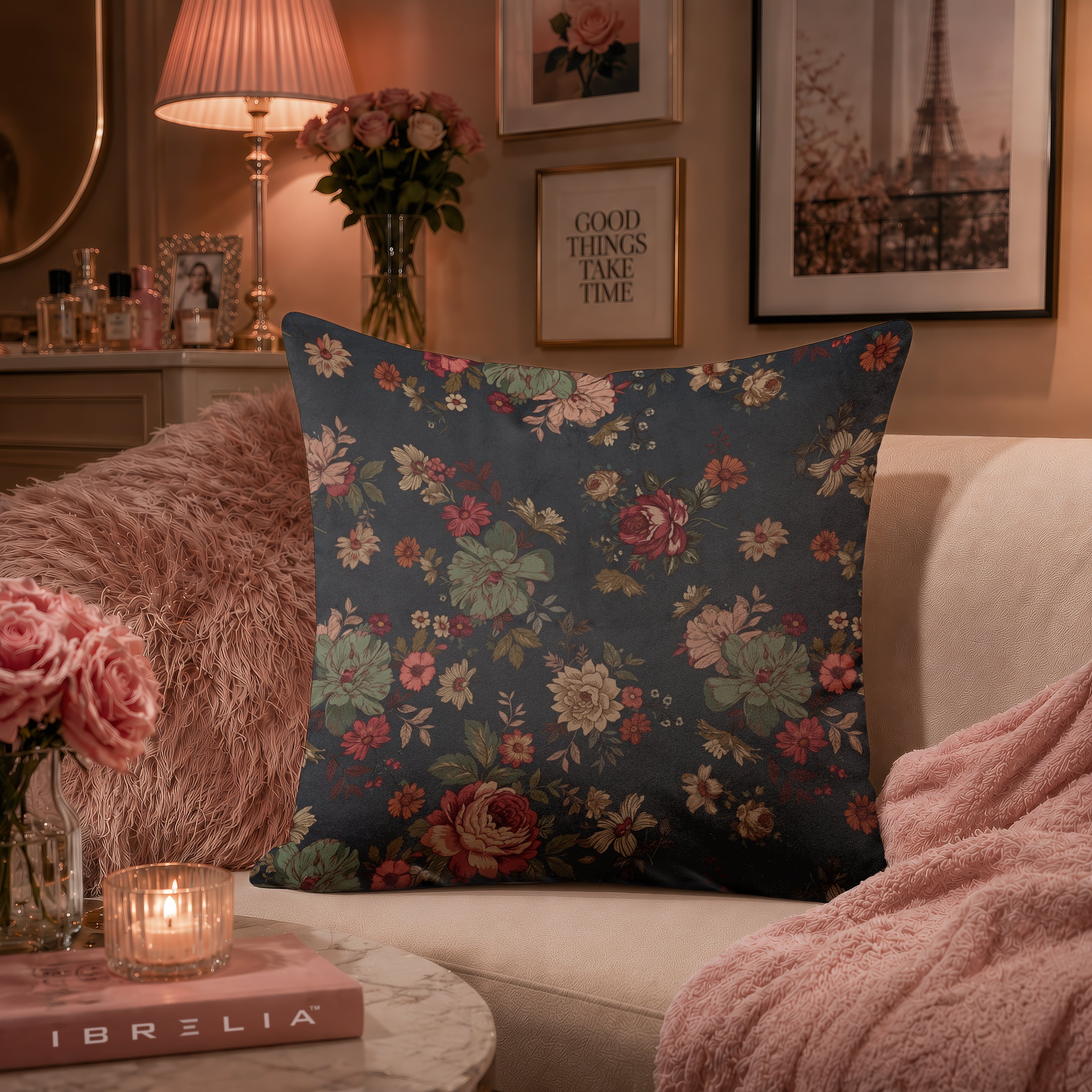 Vintage Midnight Floral Cushion | Premium Velvet Suede | Double-Sided Print