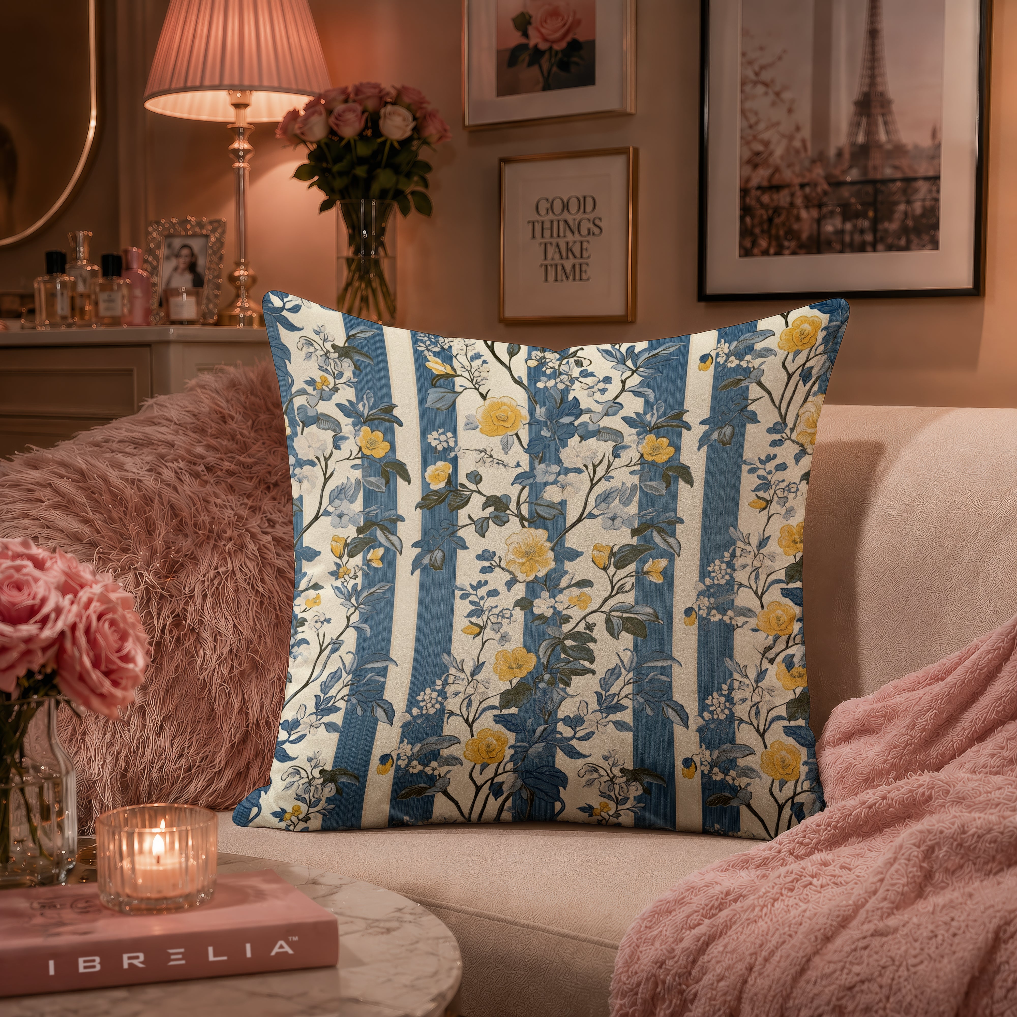 Blue Vintage Floral Stripe Cushion | Premium Velvet Suede | Double-Sided Print