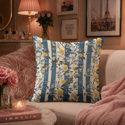 Blue Vintage Floral Stripe Cushion | Premium Velvet Suede | Double-Sided Print